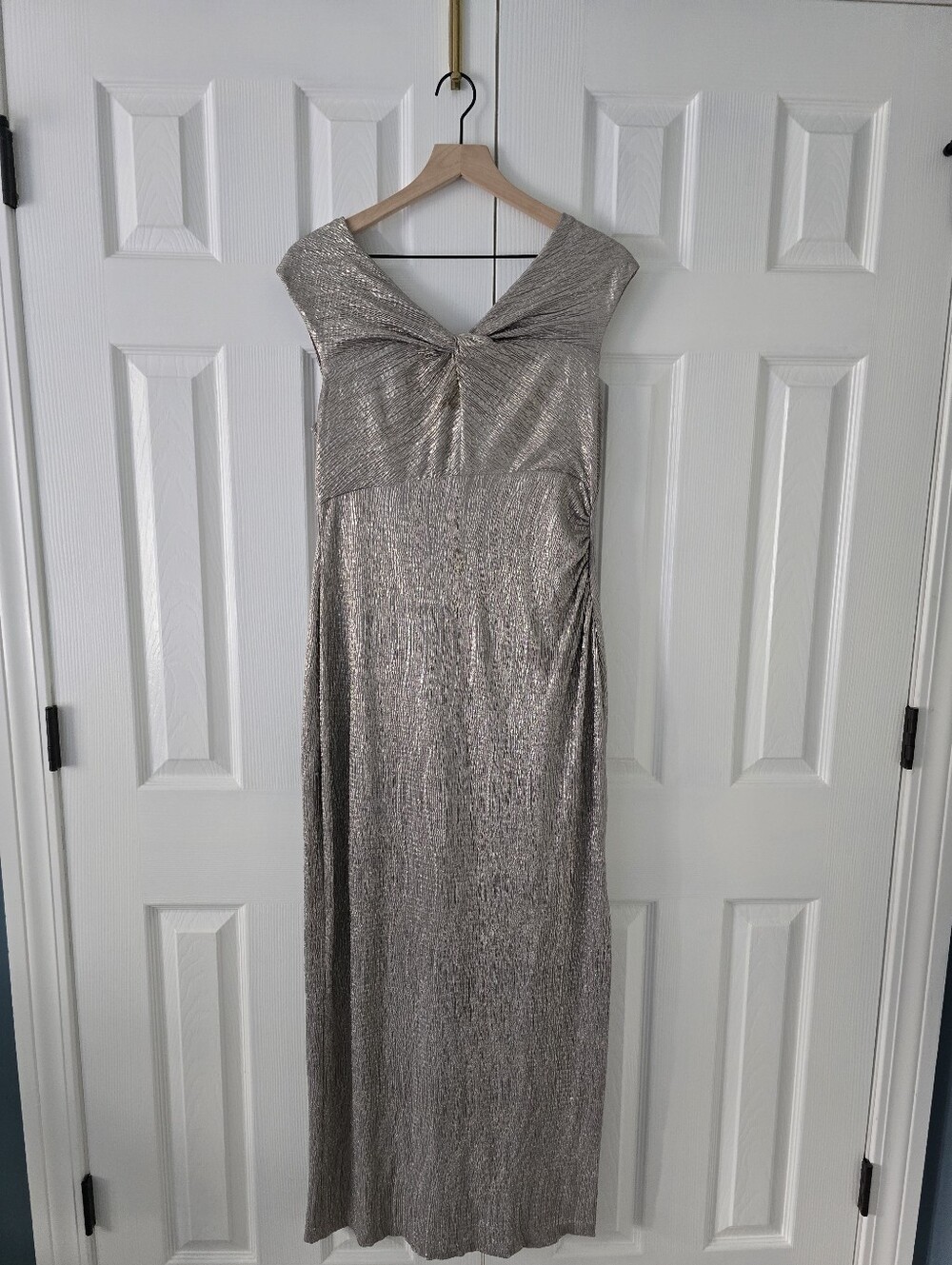 connected apparel Shimmery Silver Maxi Dress with Twist Front